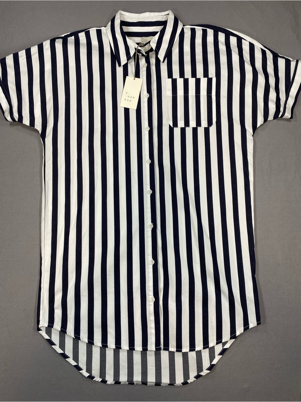 A New Day Navy and White Vertical Stripe Short-Sleeve Button-Up S